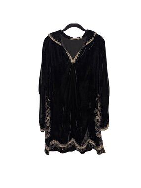 Soft Surroundings Black Velvet Tunic Dress Embroidered Trim V-Neck Long Sleeves